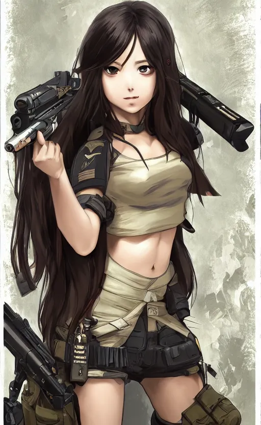 Prompt: soldier girl, trading card front, anime style, long hair, hair down, symmetrical facial features, symmetrical body features, from girls frontline, hyper realistic, pale skin, 4k, rule of thirds, extreme detail, detailed drawing, trending artstation, hd, fantasy, D&D, realistic lighting, by Alphonse Mucha, Greg Rutkowski, sharp focus, backlit, soldier clothing