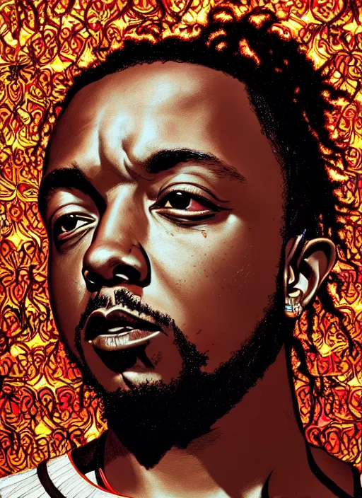 Prompt: : KENDRICK LAMAR , fantasy magic,  , intricate, sharp focus, illustration, highly detailed, digital painting, concept art, jahbu art and Paul lewin and kehinde wiley, masterpiece