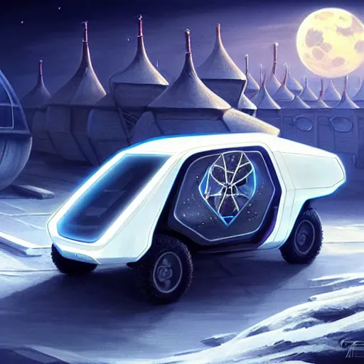 Image similar to futuristic lada flying car on the street of a Russian sleeping quarters on the moon, Norilsk, sci-fi, fantasy, intricate, very very beautiful, elegant, highly detailed, digital painting, artstation, concept art, smooth, sharp focus, illustration, art by artgerm and greg rutkowski and alphonse mucha