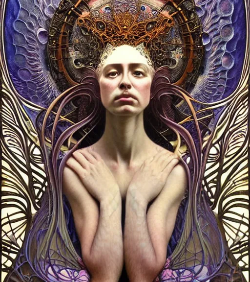 Image similar to detailed realistic beautiful young fully clothed groovypunk queen of andromeda galaxy. art nouveau, symbolist, visionary, baroque, giant fractal details. horizontal symmetry by zdzisław beksinski, iris van herpen, raymond swanland and alphonse mucha. highly detailed, hyper - real, beautiful