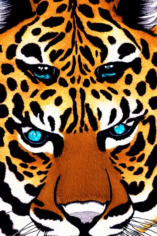 Image similar to 8K UHD tigerpunk leopard panther, long wavy fur, bright eyes, long fangs, medium full shot, colored asian ink drawing, anime, cartoon, Korean folk art