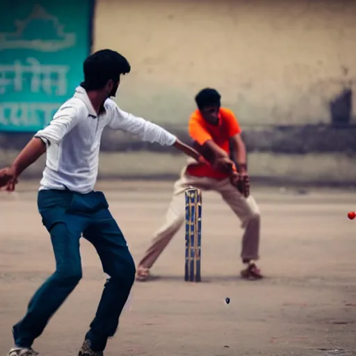 Image similar to a man playing street cricket with friends in indian, with the wickets visible, extremely detailed, high human appeal, real life image, national geographic award winning image, taken from dslr