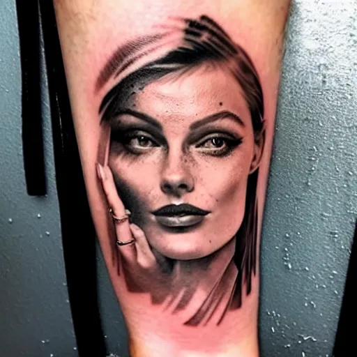 Image similar to double exposure tattoo design sketch of beautiful margot's robbie's face blended in beautiful mountains, in the style of matteo pasqualin, amazing detail