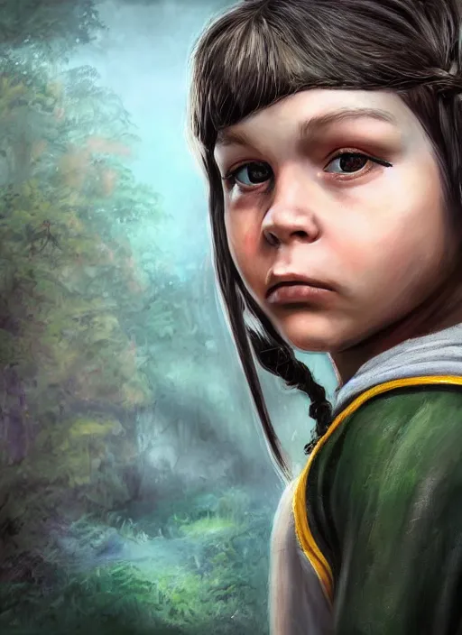 Image similar to An epic fantasy comic book style portrait painting of a young feminine boy, green eyes, fair skin, long brown hair worn in two pigtails, his left pigtail is shorter than the right pigtail, yellow hoodie with a grey undershirt, unreal 5, DAZ, hyperrealistic, octane render, cosplay, RPG portrait, dynamic lighting