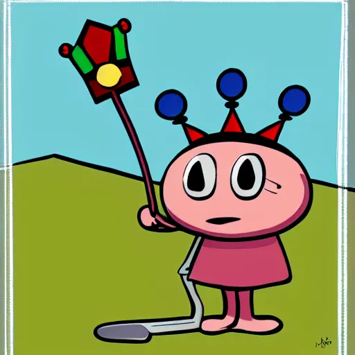 Image similar to kidney bean holding a staff, wearing crown, cartoon character, digital art, fun,