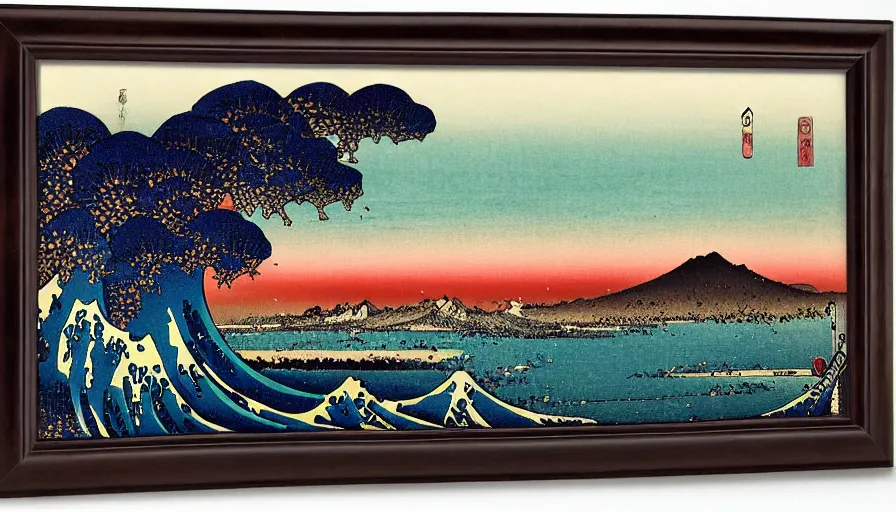 Prompt: sunset over the san francisco bay area by katsushika hokusai