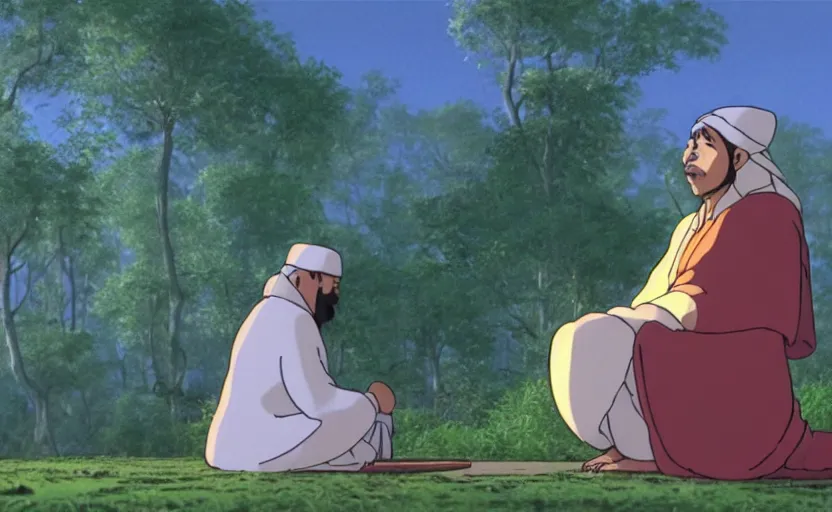 Image similar to a cell - shaded cartoon movie still from princess mononoke ( 1 9 9 7 ) of a middle eastern imam kneeling in prayer. a golden ufo is in the sky. very dull muted colors, hd, 4 k, hq