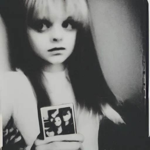 Prompt: cute emo girl, 1980s selfie on old polaroid photo