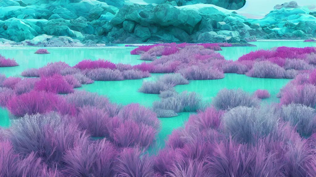 Image similar to digital illustration of a lake full of multi - colored megaflora ice plants by dr. seuss, reimagined by ilm and beeple : 1 | spectral color, electric color, rolling hills : 0. 9 | fantasy : 0. 9 | unreal engine, deviantart, artstation, hd, 8 k resolution : 0. 8