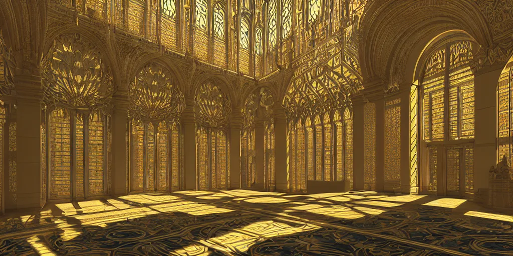 Prompt: beautiful interior render of a huge divine kingdom palace, symmetric, dazzling light beam penetrated through the window, the style of louis comfort tiffany, pascal blanche, andreas rocha, paul pepera, raphael lacoste, scene render, perfect shadow, exquisite, hyper detailed, gradient, fine structure texture, black gold color scheme, atmospheric lighting, 4 k hd