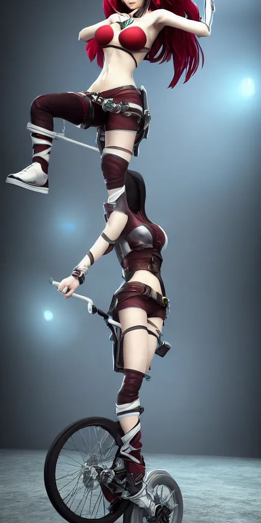 Image similar to Katarina from League of Legends on a unicycle, photorealistic full body, studio lighting, unreal engine 5, hyperrealistic, dynamic lighting, white ambient background, realistic, highly detailed