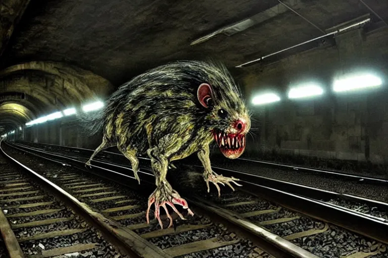 Image similar to very large giant mutant zombie irradiated ( angry rat ) staying on railways in tonnel of moscow subway. tonnel, railways, giant angry rat, furr, fangs, claws, very realistic. fog, extreme long shot, herman nitsch, giger.