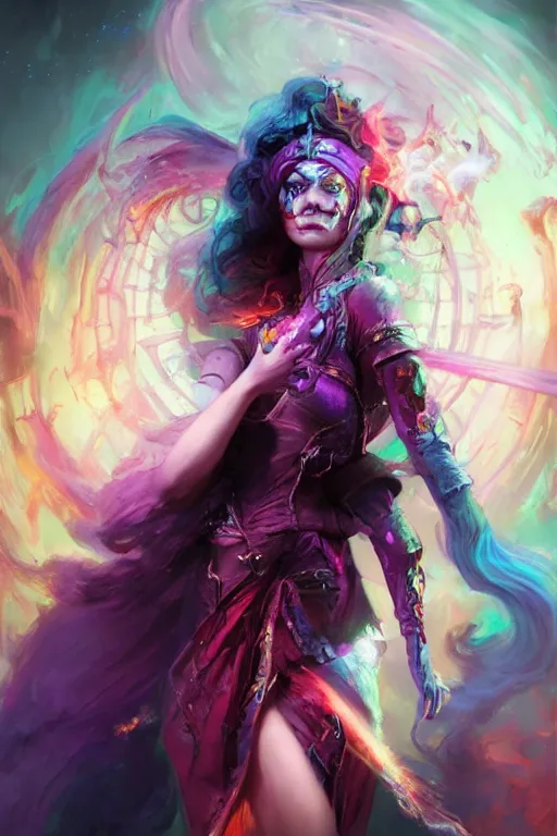 Image similar to beautiful girl necromancer, witch - doctor exploding into rainbow velvet, angels, 3 d render, hyper - realistic detailed portrait, holding fire and electricity, ruan jia, wlop. scifi, fantasy, magic the gathering, hyper detailed, octane render, concept art, peter mohrbacher