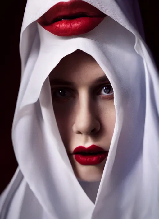 Image similar to closeup portrait of a young gothic nun with bright red lipstick, depth of field, zeiss lens, detailed, symmetrical, centered, fashion photoshoot, by Annie Leibovitz and Steve McCurry, David Lazar, Jimmy Nelsson, Breathtaking, 8k resolution, extremely detailed, beautiful, establishing shot, artistic, hyperrealistic, beautiful face, octane render