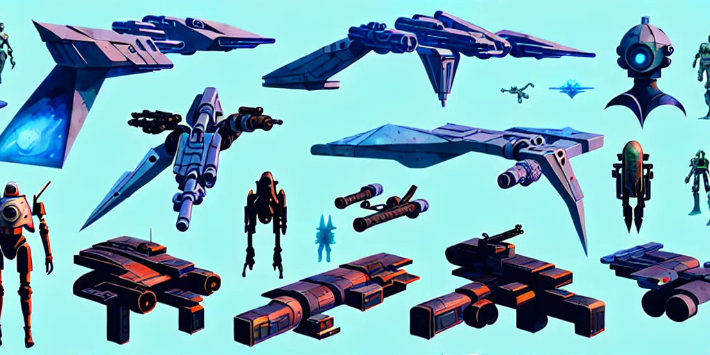 Image similar to collection of futuristic sci - fi props and gadget, items, hard surface, kitbash, parts, exploration of shape and forms, in watercolor gouache detailed paintings, star citizen, modular, pieces, moebius, weapon, guns, destiny, big medium small, insanely details, wes anderson, bungie, star wars, simon stalenhag, no man's sky