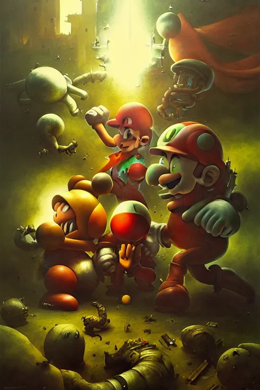 Prompt: hieronymus bosch, greg rutkowski, anna podedworna, painting of samus aran fighting mario and luigi