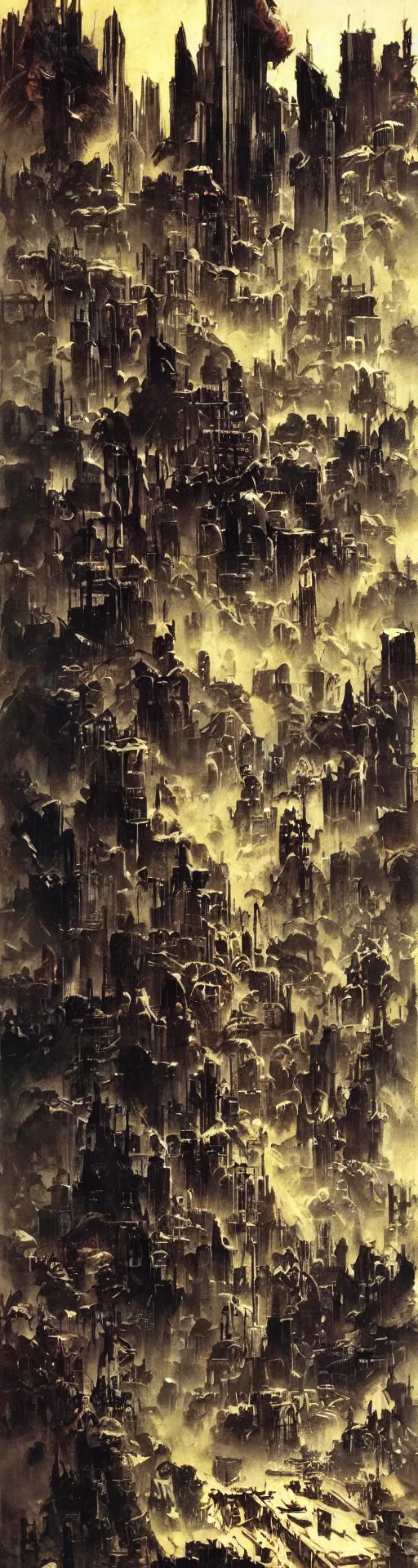 Image similar to a city by frank frazetta