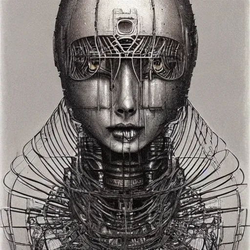 Prompt: robot with a birdcage for a head by hr giger and beksinski, super details, dark dull colors, ornate