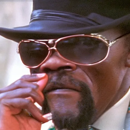 Prompt: a film still of Samuel L. Jackson dressed as a Pimp in a 1970s Blaxploitation film, 40mm lens, shallow depth of field, split lighting, cinematic