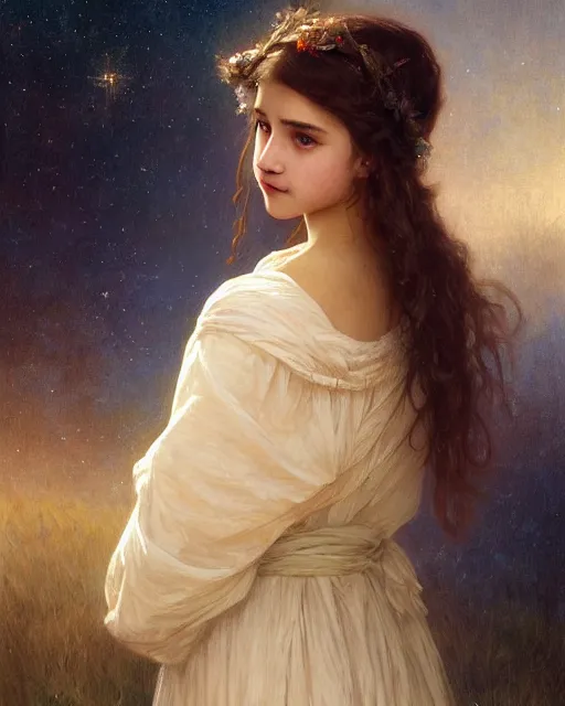 Prompt: a portrait painting of a shy, blushing 1 6 - year old princess resembling alicia vikander at night with a sky full of stars, intricate, elegant, highly detailed, artstation, concept art, by krenz cushart and artem demura and william adolph bouguereau and alphonse mucha