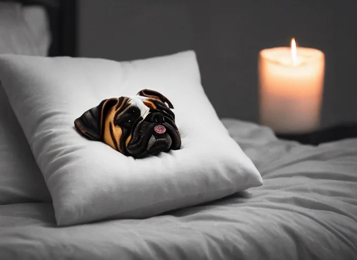 Image similar to a closeup, 4 5 mm, portrait of a sleeping english bulldog in a bed, on a pillow, candle light, 4 5 mm, by franz lanting