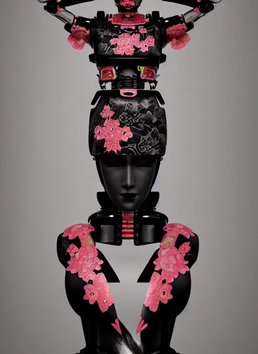 Image similar to full body portrait of a gothic style japanese robot geisha with kanji tattoos and decals wearing a digital pixelated kimono, intricate design, photo - realistic, octane render, dark colour palette, ultra fine detailed, character design, trending on artstation