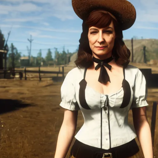 Image similar to Film still of female Saul Goodman wearing a catmaid outfit, from Red Dead Redemption 2 (2018 video game), trending on artstation, artstationHD, artstationHQ