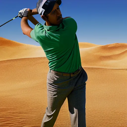 Image similar to a man with pickle textured skin tone golfing in the desert