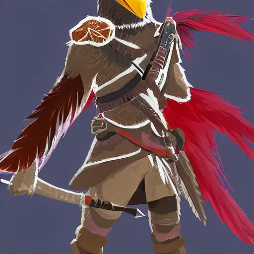 Prompt: avian leader in a army combat uniform created entirely of feathers holding a rapier with a bright red beak medieval theme rito breath of the wild, digital art, cinematic lighting