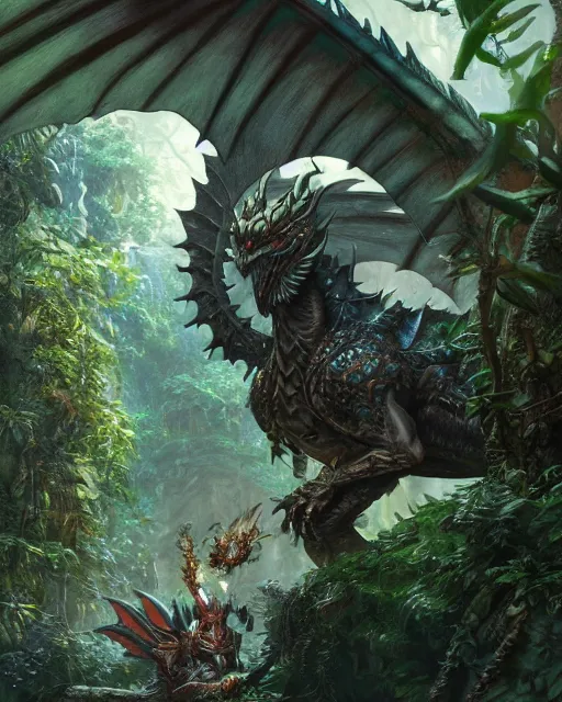 Prompt: An illustration of a fantasy dragon wearing ornate armor in a jungle environment, macro, digital painting, art by Greg Rutkowski and Studio Ghibli, artstation, octane render