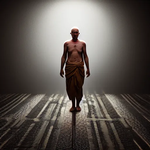 Image similar to Half cyborg half monk discovering enlightenment, dark atmosphere, 8k, cinematic lighting, symmetry, elegant, ornate, hyper realistic, zen