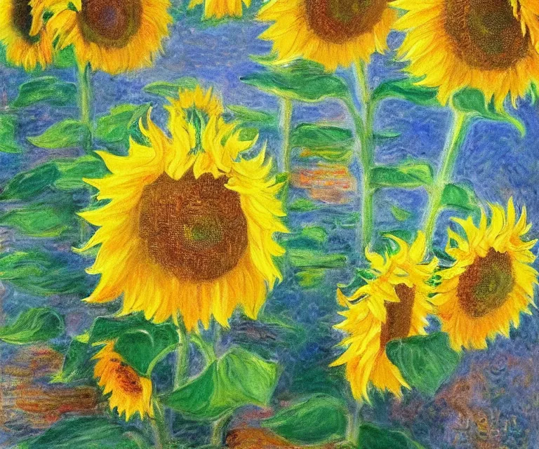 Image similar to sunflowers, monet, water painting, bright colors, sunlight, happy, peaceful, serene, joy