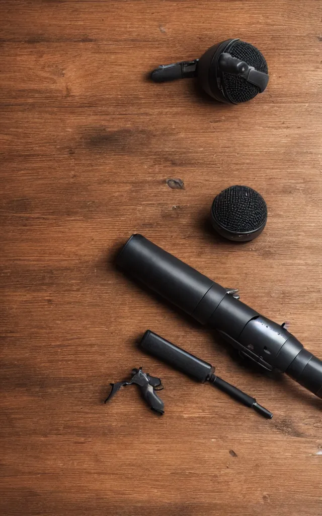 Prompt: a microphone next to a pistol on a wooden table, photo, canon, 8 k hd