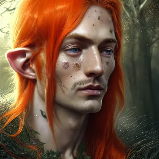 Prompt: portrait painting of an elven eladrin beautiful man with light orange hair and freckles and thin branches tattooed on his cheekbone, ultra realistic, concept art, intricate details, eerie, highly detailed, photorealistic, octane render, 8 k, unreal engine. art by artgerm and greg rutkowski and charlie bowater and magali villeneuve and alphonse mucha