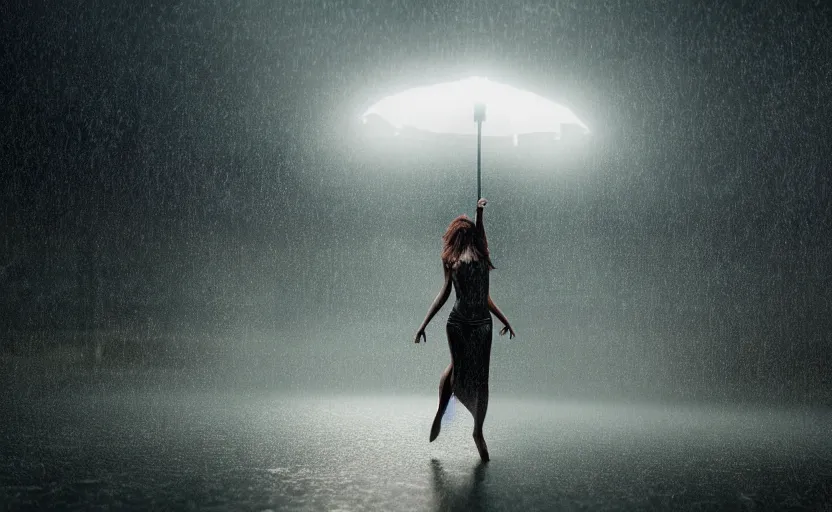 Image similar to a hyperdetailed photorealistic beautiful woman dancing in a thunderstorm, rain, global illumination, volumetric lighting, cinematic framing, cinematic lighting, cinematic shadows, in the style of 2 0 2 2