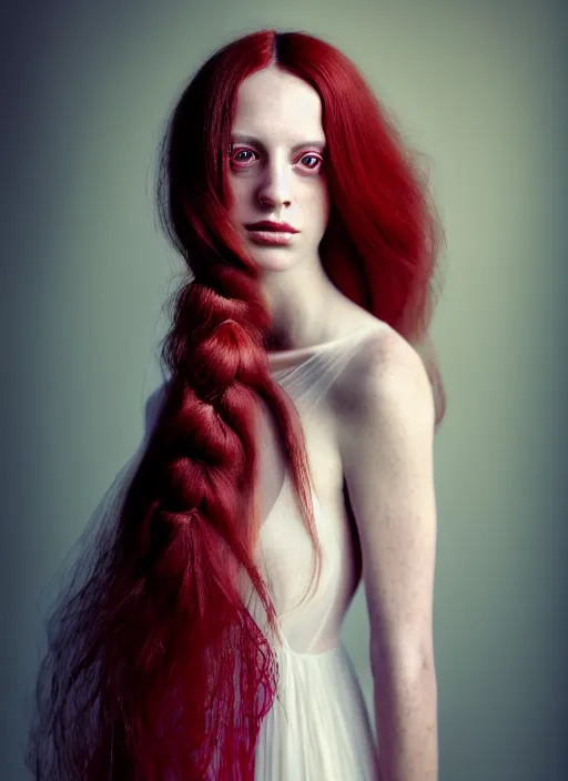 Image similar to portrait photography of a beautiful woman, in fine art photography style of Lindsay Adler- Giovanni Gastel, britt marling style 2/4 , natural color skin pointed in rose, long red hair with an intricate hairstyle, full body dressed with a ethereal transparent voile dress, elegrant, 8K, soft focus, melanchonic soft light, volumetric dramatic lighting, highly detailed Realistic, hyper Refined, Highly Detailed, natural point rose', outdoor sea and storm soft lighting, soft dramatic lighting colors scheme, soft blur lighting, fine art fashion photography