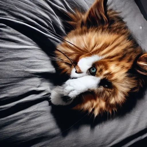 Prompt: very cute huge giant large calico main coon taking up entire bed, stunning eyes, top-down perspective, cinematic lighting, award winning creature photography