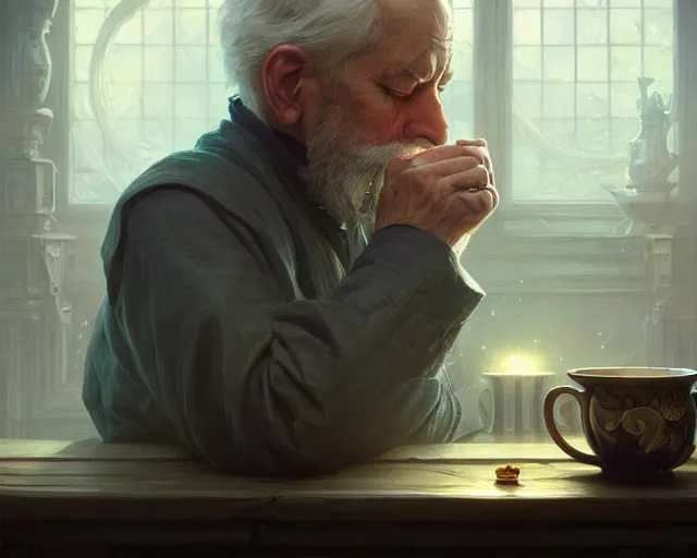 Prompt: a tired old man drinking tea, deep focus, d & d, fantasy, intricate, elegant, highly detailed, digital painting, artstation, concept art, matte, sharp focus, illustration, hearthstone, art by artgerm and greg rutkowski and alphonse mucha