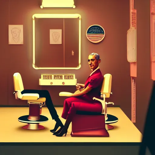 Image similar to illustration of nicki minaj sitting next to barack obama in a 6 0's vintage barbershop. symmetry, cinematic scene. ambient lighting, brownish colors, hyper detailed. octane render. concept art. trending on artstation.