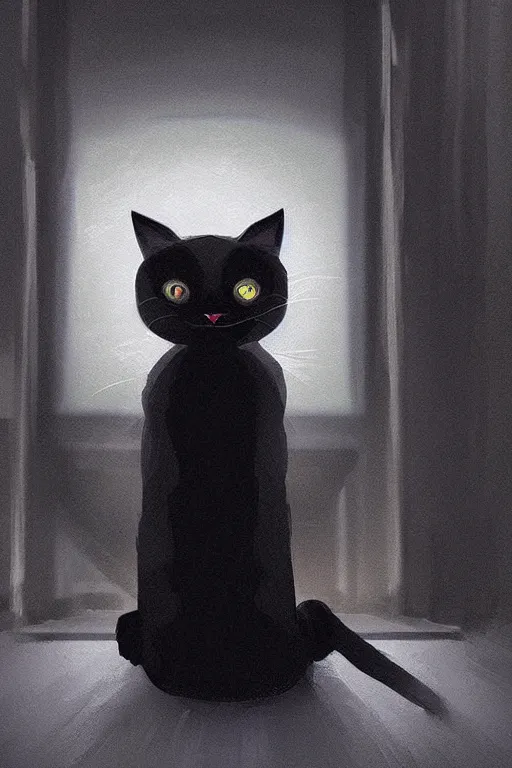 Image similar to black cat with glowing eyes sitting at the base of a flight of stairs, digital illustration, artstation, artstation hq, hd