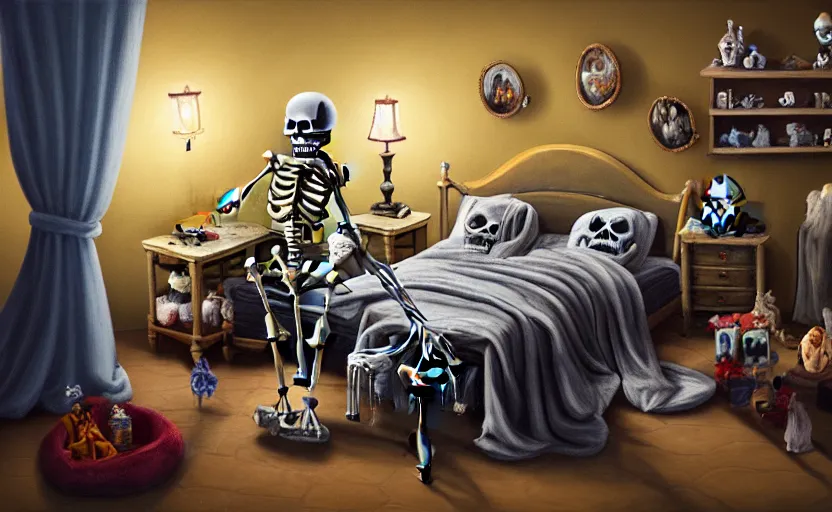 Prompt: matte oil painting of a skeleton dressed in pajamas and nightcaps and robes and slippers inside of a dim bedroom that is full of knickknacks and toys, sleepy, cozy, warm