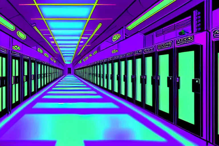 Image similar to realistic robot in a data server room, neon and dark, purple and blue color scheme, by dan mumford and malevich