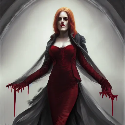 Image similar to portrait of riley keough in bloody business suit, blood red eyes, vampire fangs, fantasy, intricate, elegant, highly detailed, digital painting, artstation, concept art, matte, sharp focus, illustration, art by aenaluck and roberto ferri and greg rutkowski, epic fantasy, digital painting