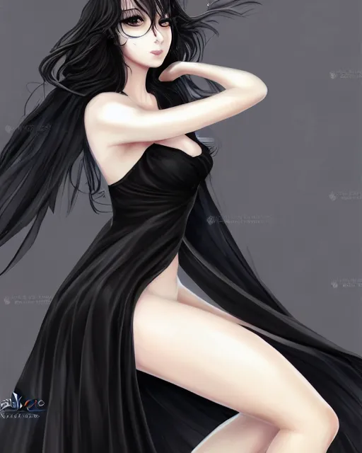 Prompt: A frontal fullbody painting of a beautiful brunette witch and wearing a cute translucent black dress looking at the viewer, elegant, delicate, stunning, soft lines, feminine figure, higly detailed, ultraHD, 8k, smooth , pixiv art, cgsociety, artgem, high quality, digital illustration, concept art, masterpiece