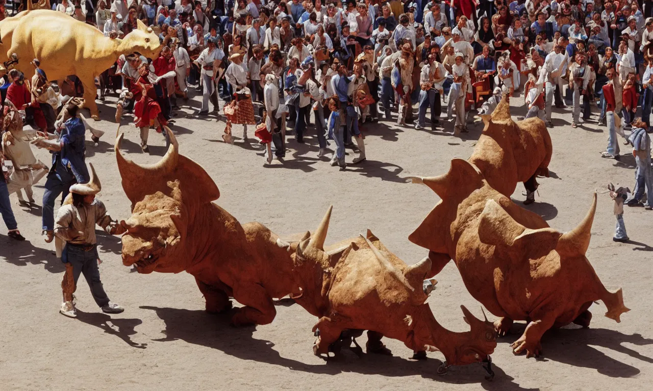 Image similar to a troubadour and a triceratops facing off in the plaza de toros, madrid. extreme long shot, midday sun, kodachrome