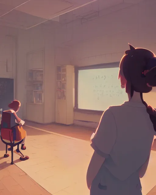 Prompt: teacher teaching in a classroom, detailed, cory loftis, james gilleard, atey ghailan, makoto shinkai, goro fujita, studio ghibli, rim light, exquisite lighting, clear focus, very coherent, plain background