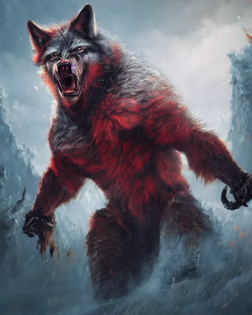 Image similar to oil painting of Angry Anthropomorphized Wolf Berserker, wearing red fur, claws, sharp focus, attack pose, fantasy style, octane render, volumetric lighting, 8k high definition, by greg rutkowski, highly detailed, trending on art Station, magic the gathering artwork, burning Battlefield background, centered