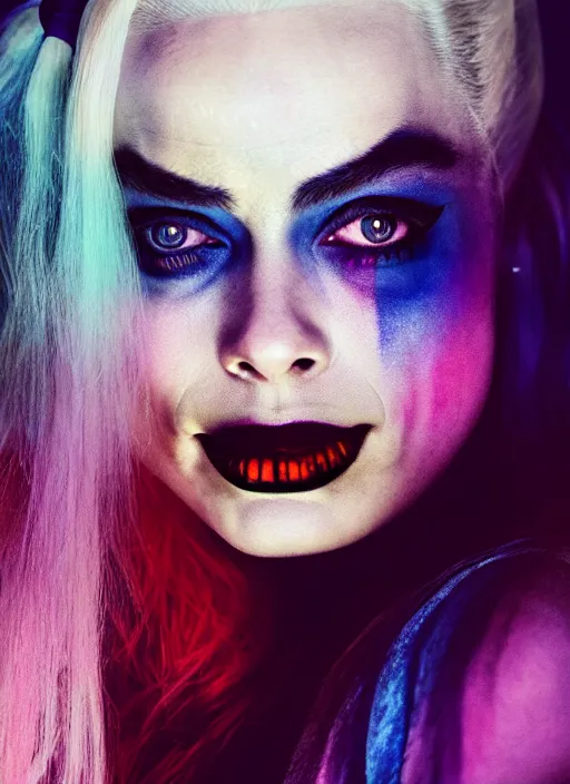 Image similar to 2 8 mm side portrait of beautiful suicide squad happy margot robbie with long white hair that looks like harley quinn, gotham city double exposure, angry frown, glamour pose, watercolor, frank miller, annie leibowitz