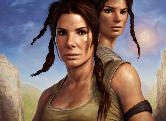 Image similar to face portrait of concentrated young Sandra Bullock as Lara Croft with pig-tails entering an incredible epic ruin, glorious sun beams, intricate, elegant, highly detailed, digital painting, short focus, illustration, Allan Lee, John Howe