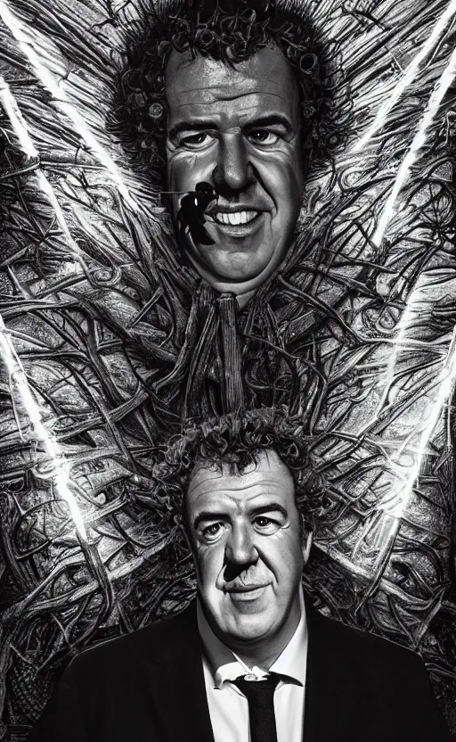 Image similar to lovecraftian portrait of jeremy clarkson, surrounded by beams of light dark background by wayne barlow, stanley donwood, anton semenov, zdzislaw bekinski, hr giger, 8 k, fantasy, dark, highly detailed